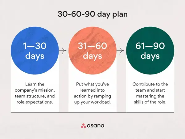 Plan 30-60-90 dni: nauka, działanie, mistrzostwo. Schemat Asana.